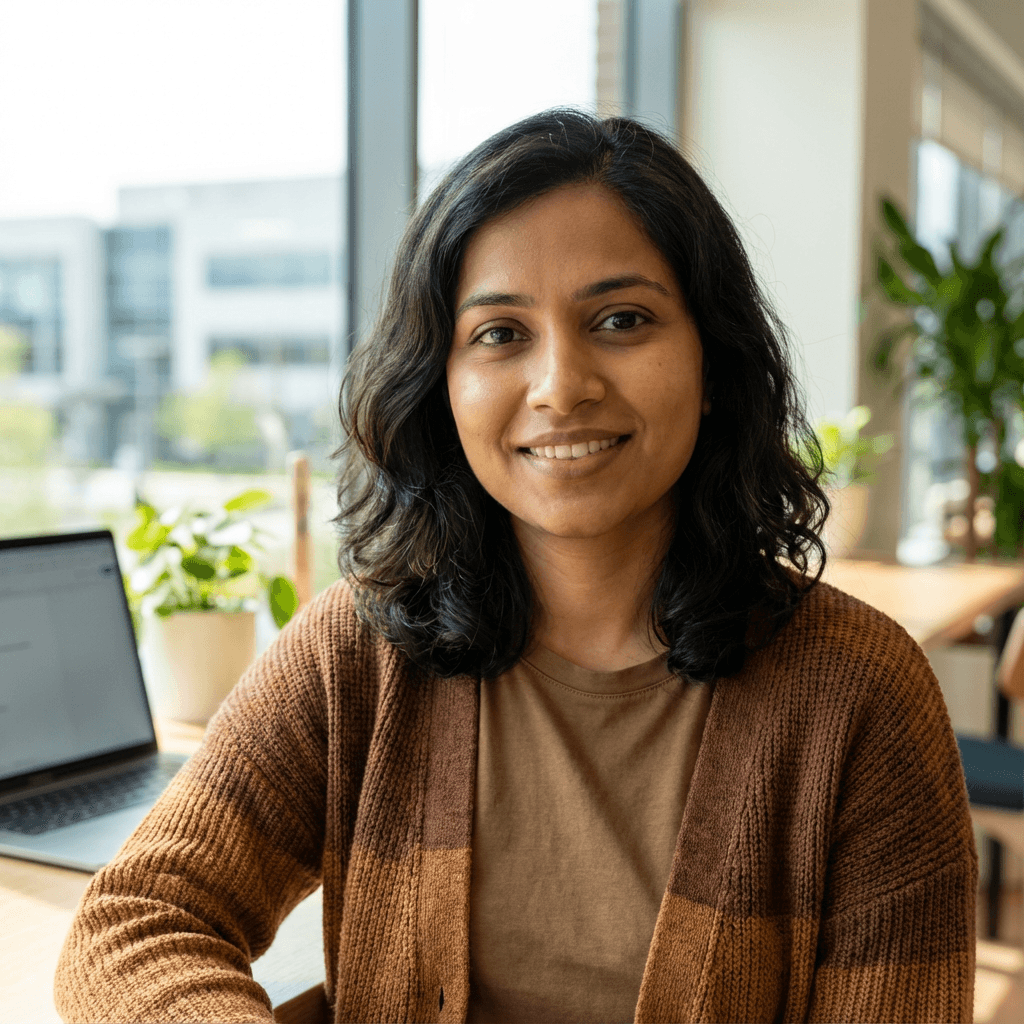 Priya Patel in business casual attire at a festive corporate gathering