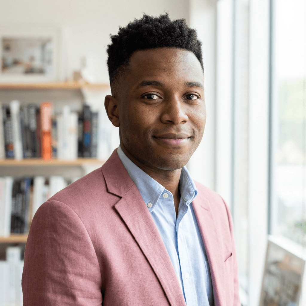 Daniel Osei in a tailored blazer at a modern event venue