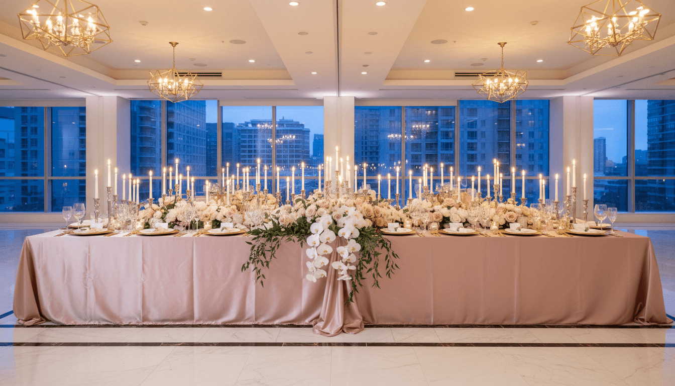Elegant event table setting with candlelight and floral arrangements in a modern Toronto venue