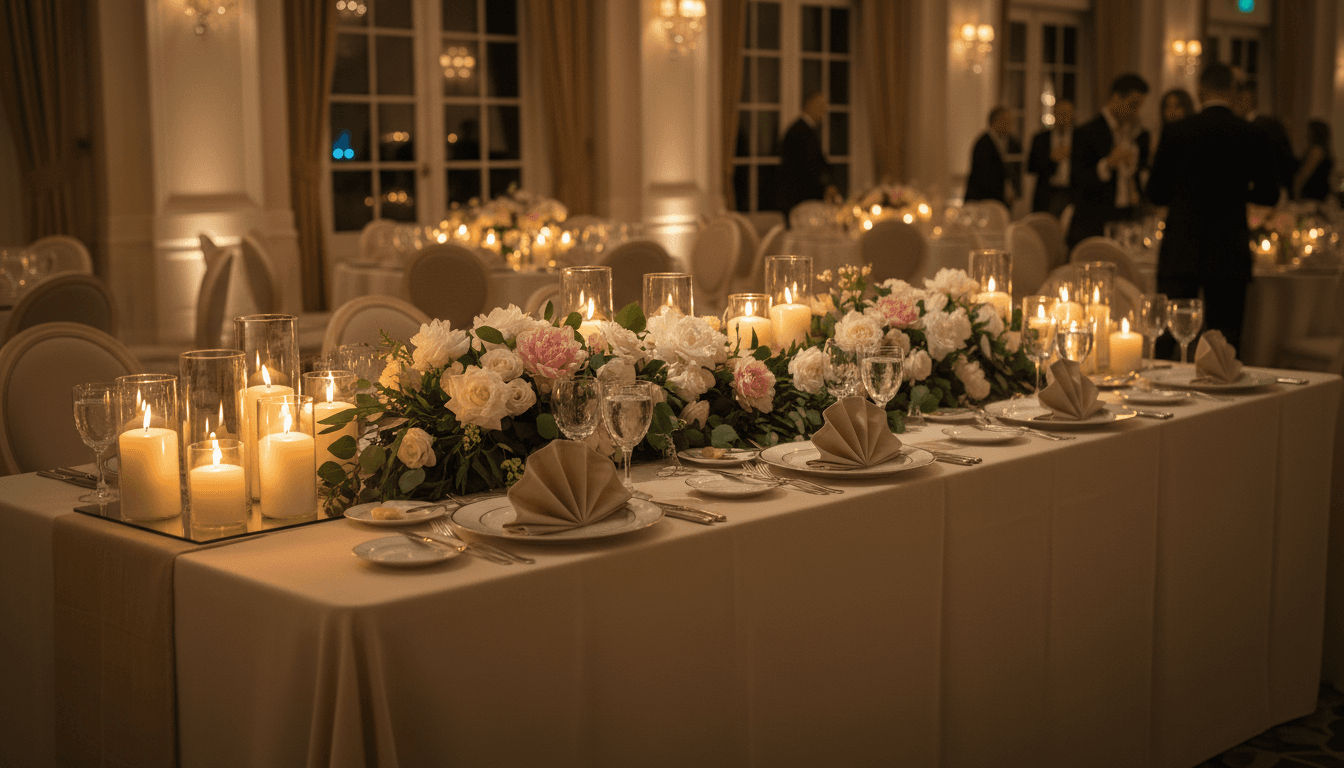 Styled event reception table with candles and floral centerpiece