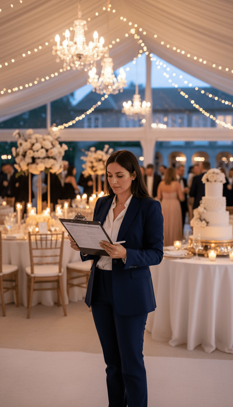 Event planner reviewing details at a wedding reception setup