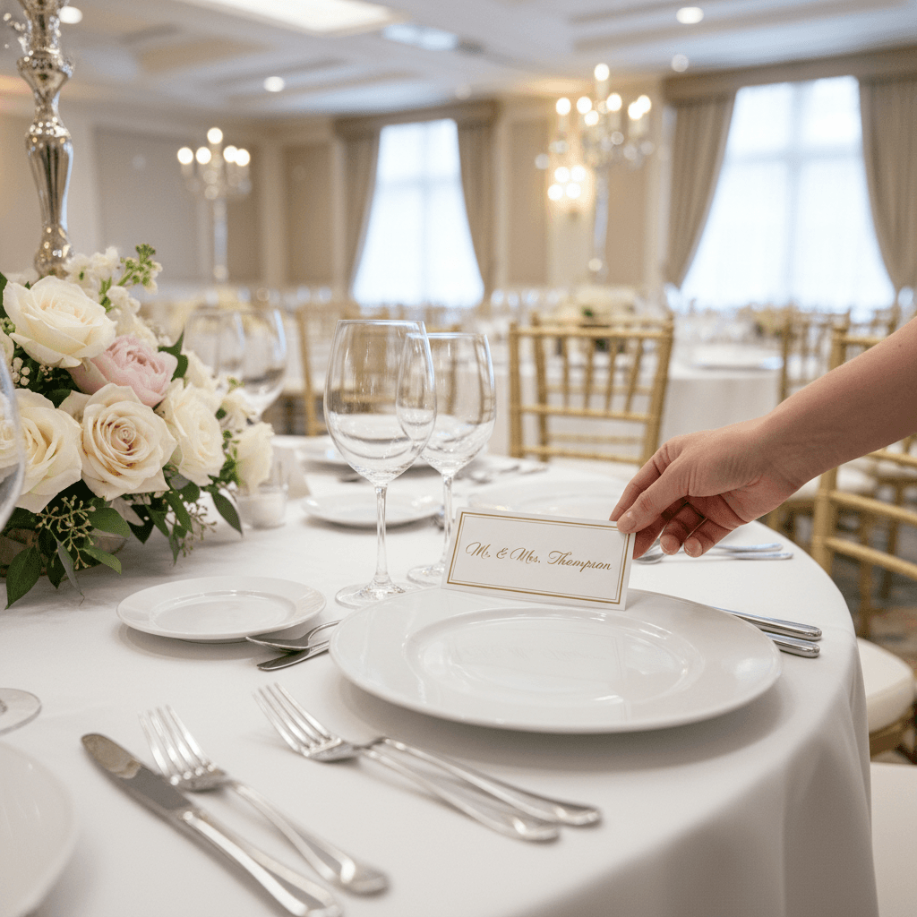 Event planner arranging a table setting with flowers and place cards at an elegant venue
