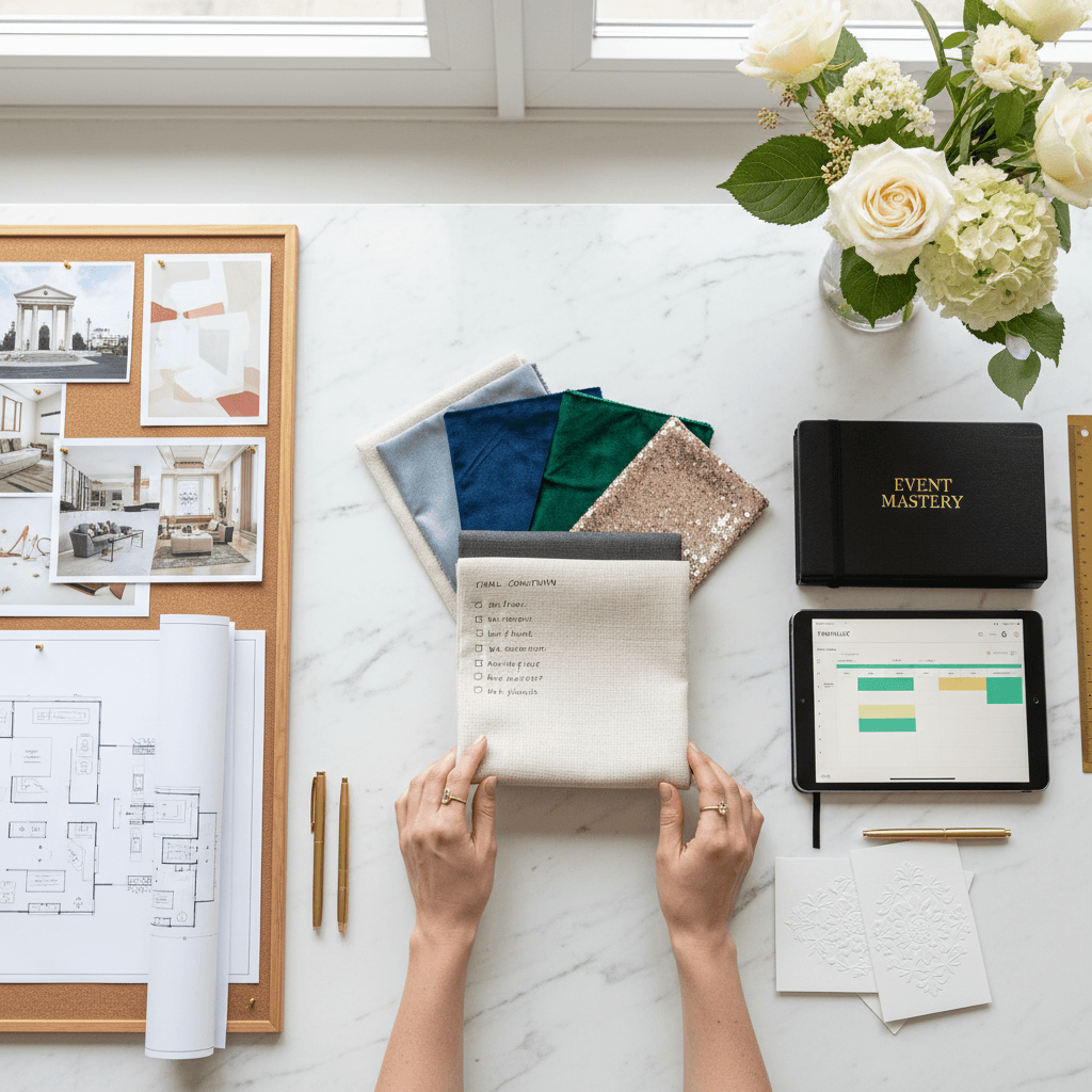 Event planner reviewing notes and planning documents at a stylish venue table