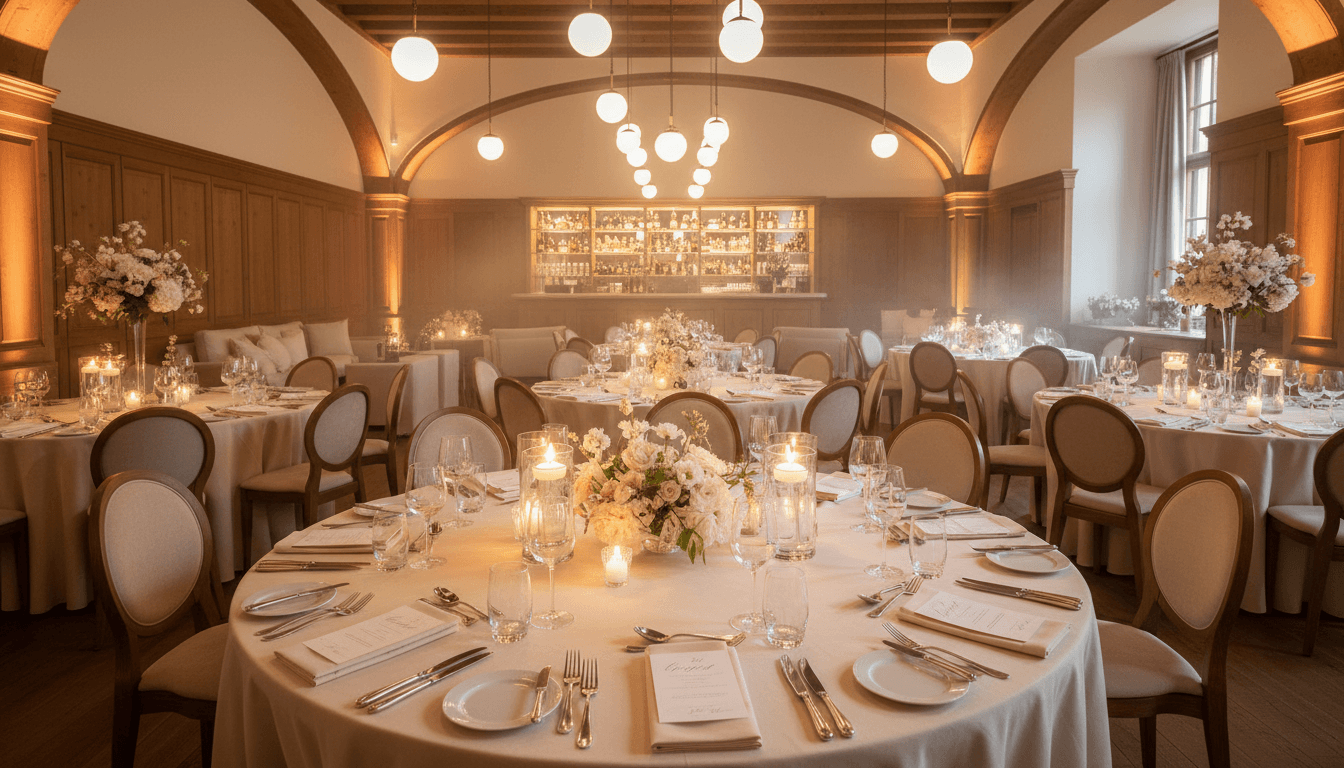 Event planner arranging table setting in an elegant venue