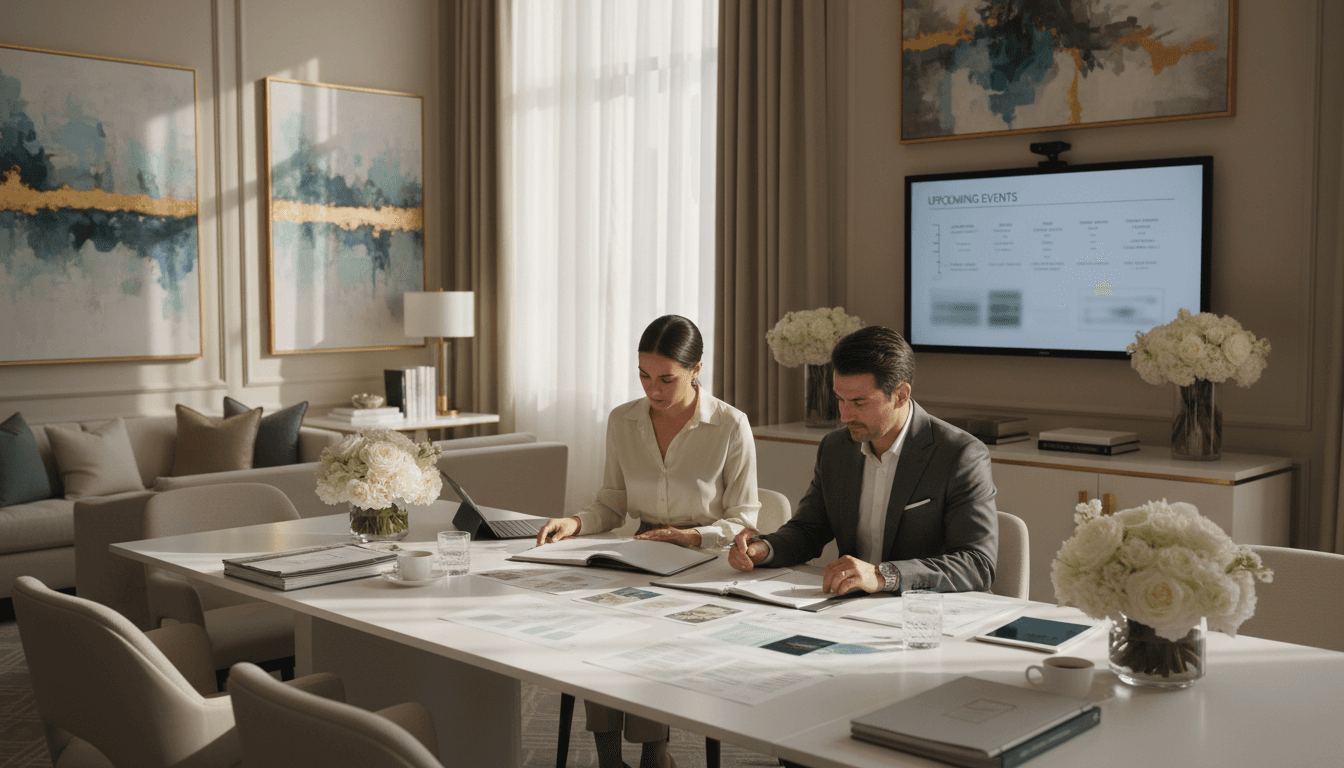 Event planner reviewing timeline and notes at a stylish Toronto event venue