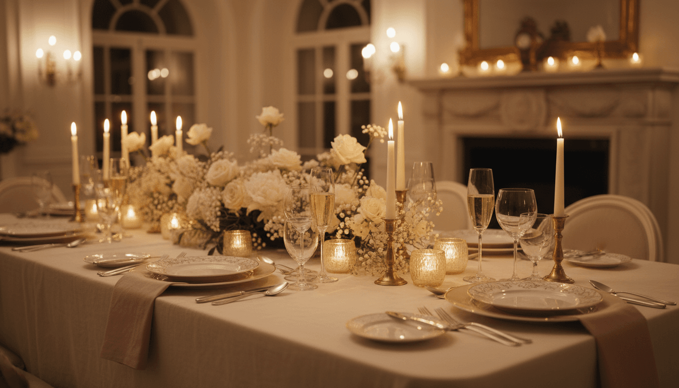 Elegant event table setting with candles and floral centerpiece in warm ambient lighting