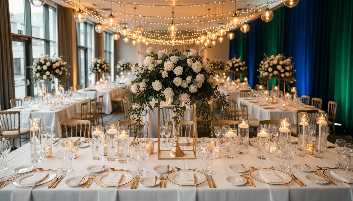 Elegant event table settings with candlelight and floral arrangements at a Toronto reception