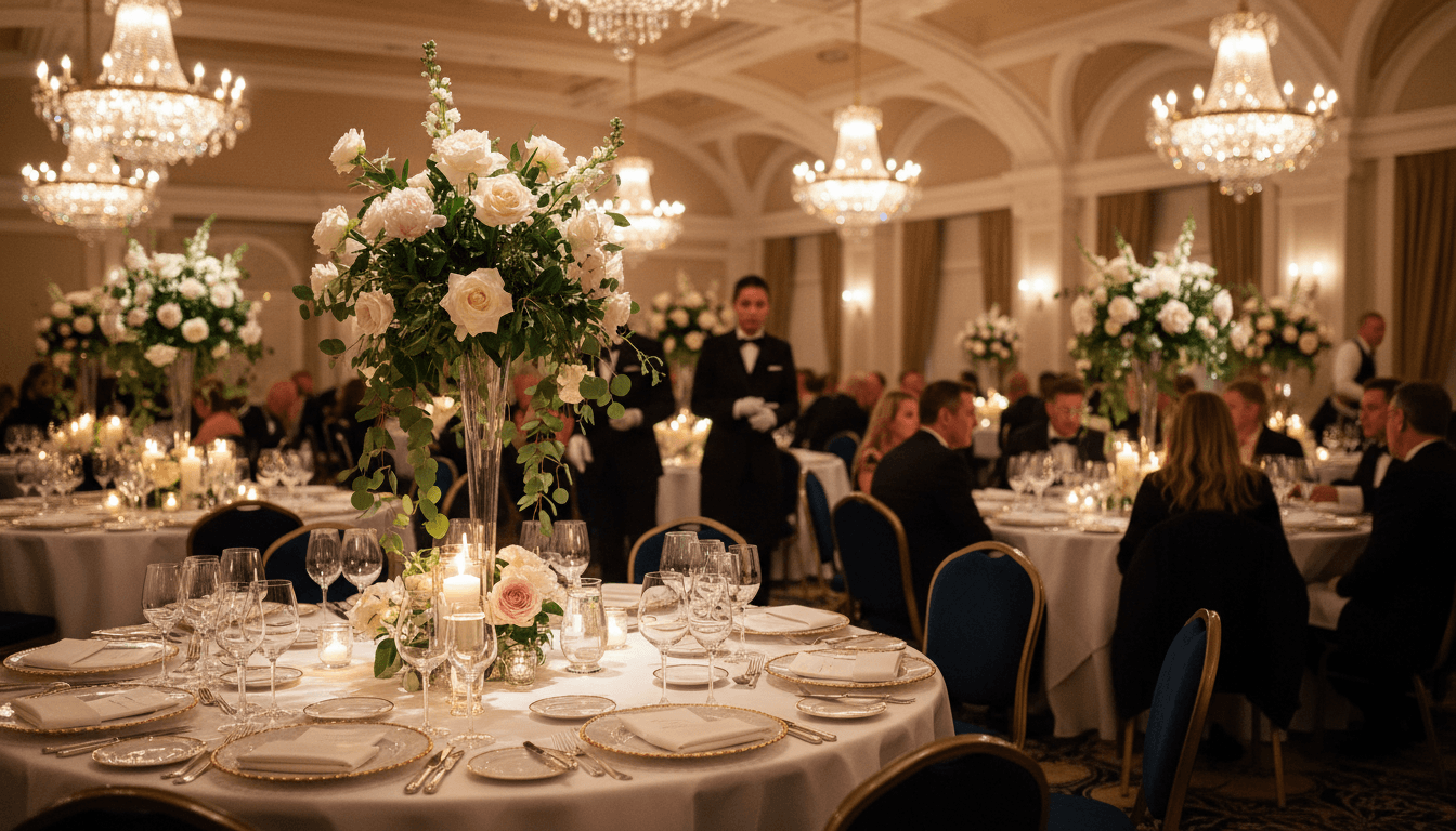 Event planner arranging table details with floral centerpiece